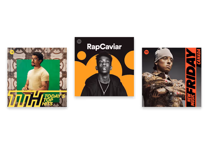Three Spotify playlist covers featuring portraits of male artists: Today's Top Hits with a man in a yellow shirt, RapCaviar with a man in black and orange background, and New Music Friday Canada with a man wearing a beanie and patterned jacket.